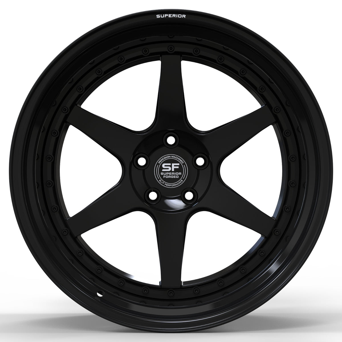 Superior Forged GT-6 Comp multi-piece wheel in black, front view showing six spokes and exposed assembly hardware