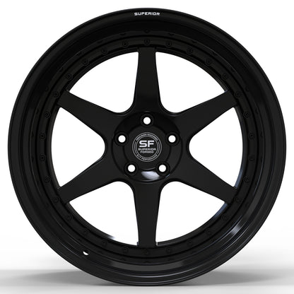 Superior Forged GT-6 Comp multi-piece wheel in black, front view showing six spokes and exposed assembly hardware