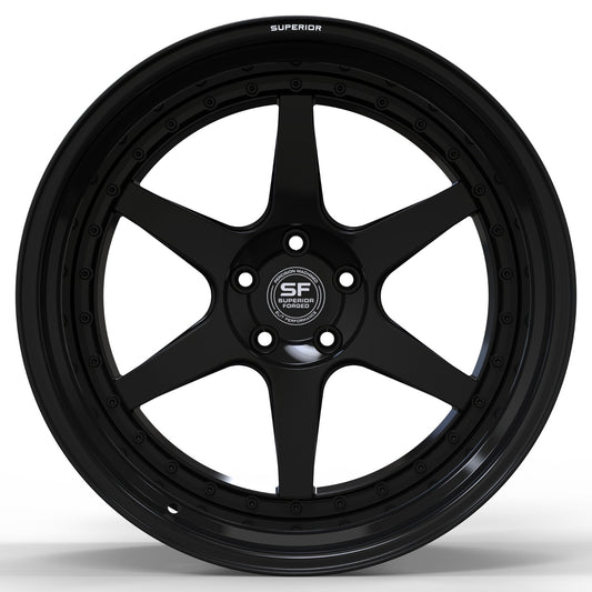 Superior Forged GT-6 Comp multi-piece wheel in black, front view showing six spokes and exposed assembly hardware