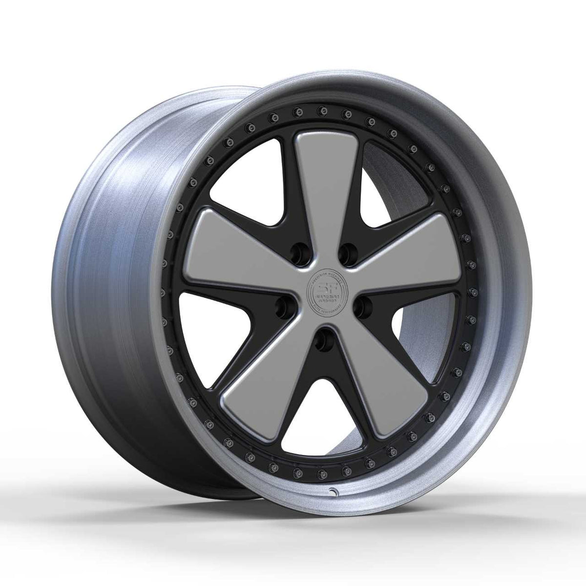 Superior Forged Porsche FUCH Style Comp multi-piece wheel, three-quarter view with exposed assembly hardware