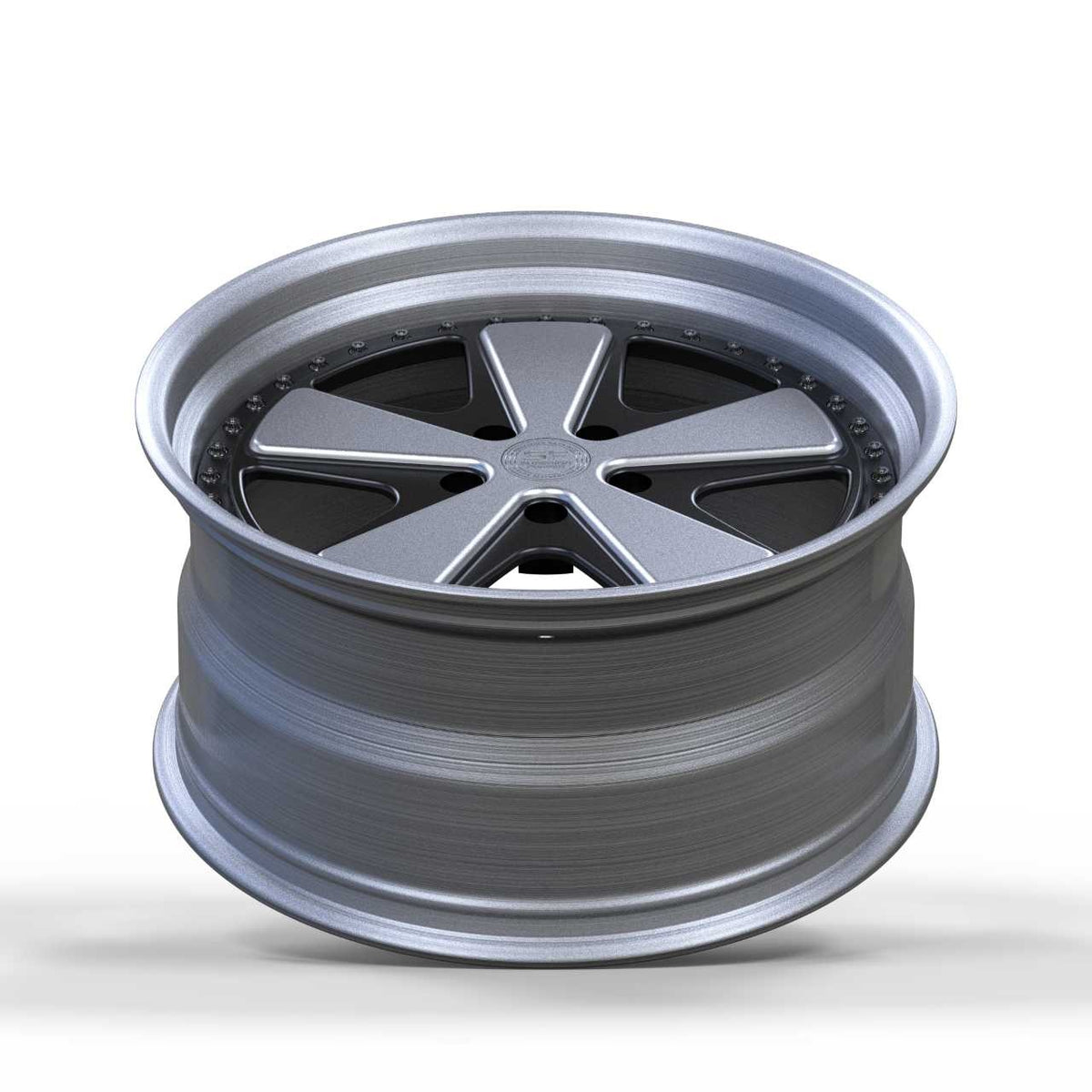 Superior Forged Porsche FUCH Style Comp multi-piece wheel, silver barrel and side profile view